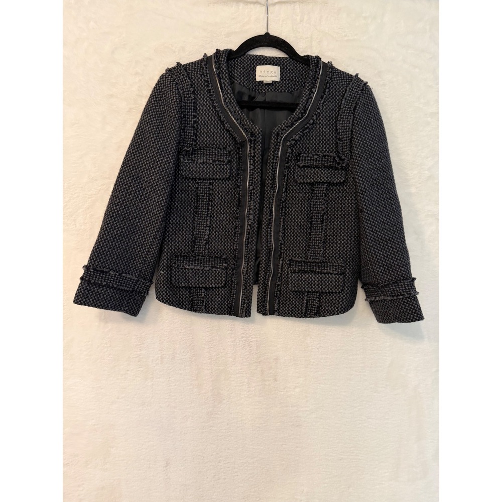 Hinge Wool Blend Tweed Jacket Women Size 1 Zip Front Fringe Blazer HL230036MI
